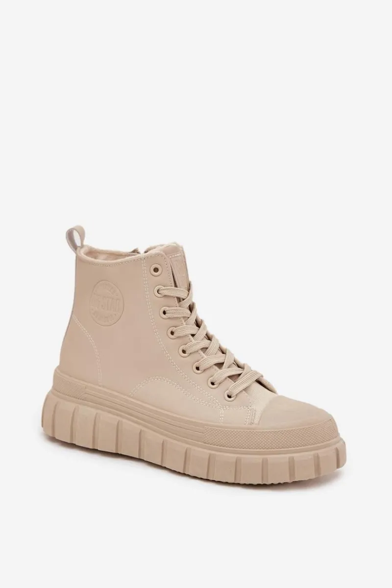 Hot Ocieplane Trampki Damskie Na Platformie Z Eko Skóry Big Star SS274535 Beżowe Damskie Trampki Damskie Big Star|Trampki Damskie Wysokie