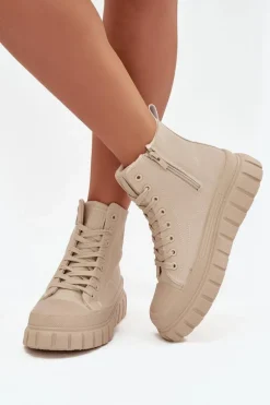 Hot Ocieplane Trampki Damskie Na Platformie Z Eko Skóry Big Star SS274535 Beżowe Damskie Trampki Damskie Big Star|Trampki Damskie Wysokie