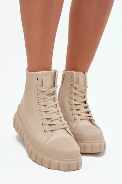 Hot Ocieplane Trampki Damskie Na Platformie Z Eko Skóry Big Star SS274535 Beżowe Damskie Trampki Damskie Big Star|Trampki Damskie Wysokie