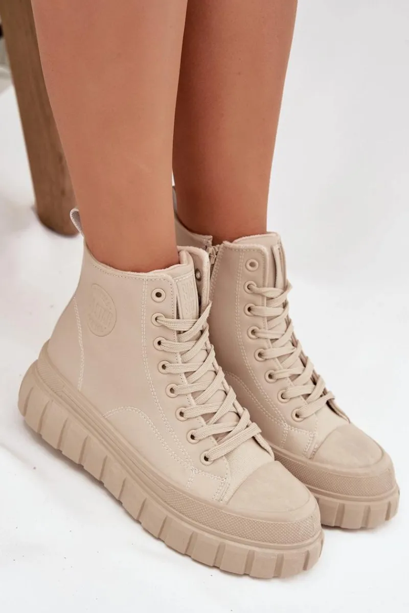 Hot Ocieplane Trampki Damskie Na Platformie Z Eko Skóry Big Star SS274535 Beżowe Damskie Trampki Damskie Big Star|Trampki Damskie Wysokie
