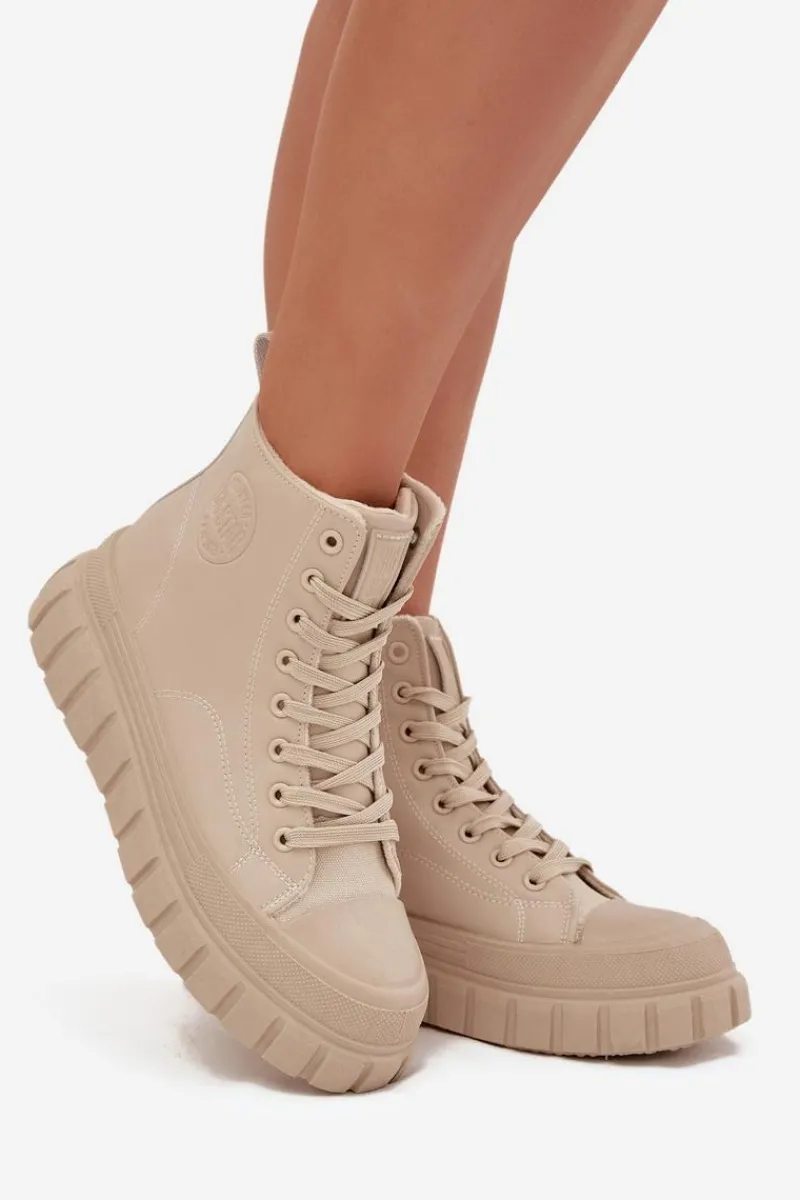 Hot Ocieplane Trampki Damskie Na Platformie Z Eko Skóry Big Star SS274535 Beżowe Damskie Trampki Damskie Big Star|Trampki Damskie Wysokie