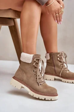 Botki Ocieplane|Damskie Trapery>Boto Ocieplane Trapery Botki Damskie Na Zamek Khaki Ferelia Beżowy