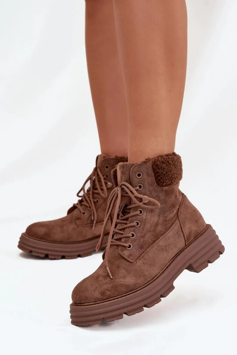 New Boto Ocieplane Trapery Botki Damskie Sznurowane Brązowe Lyrinne Brązowy