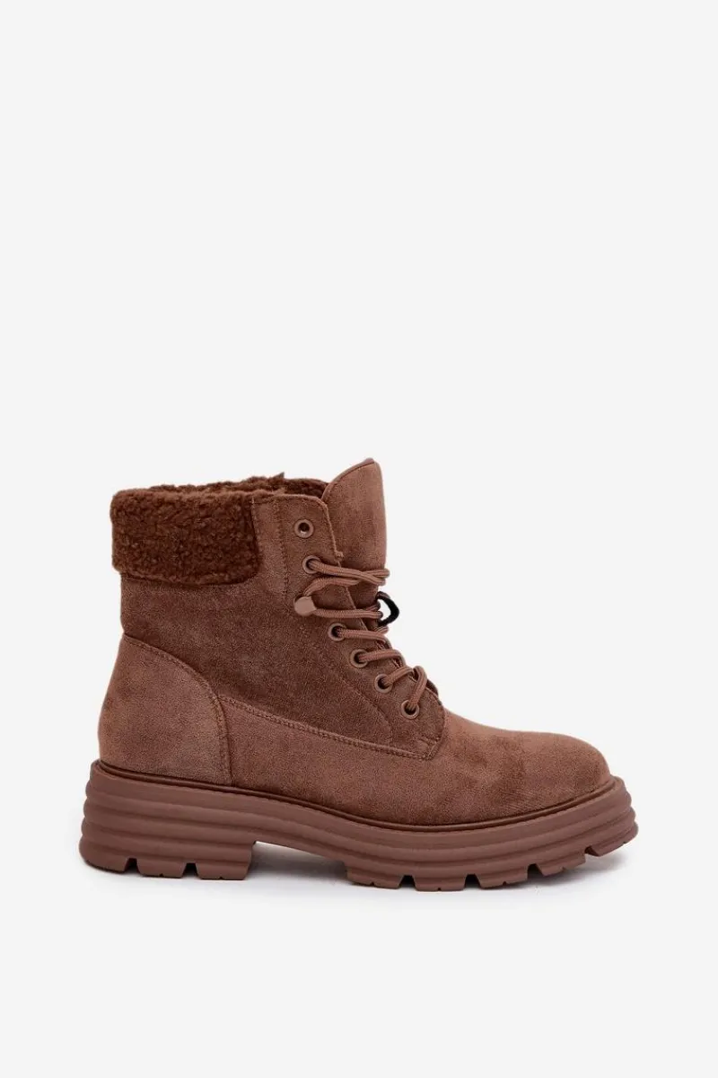 New Boto Ocieplane Trapery Botki Damskie Sznurowane Brązowe Lyrinne Brązowy