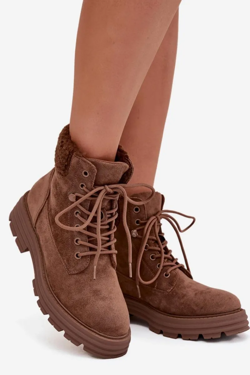 New Boto Ocieplane Trapery Botki Damskie Sznurowane Brązowe Lyrinne Brązowy