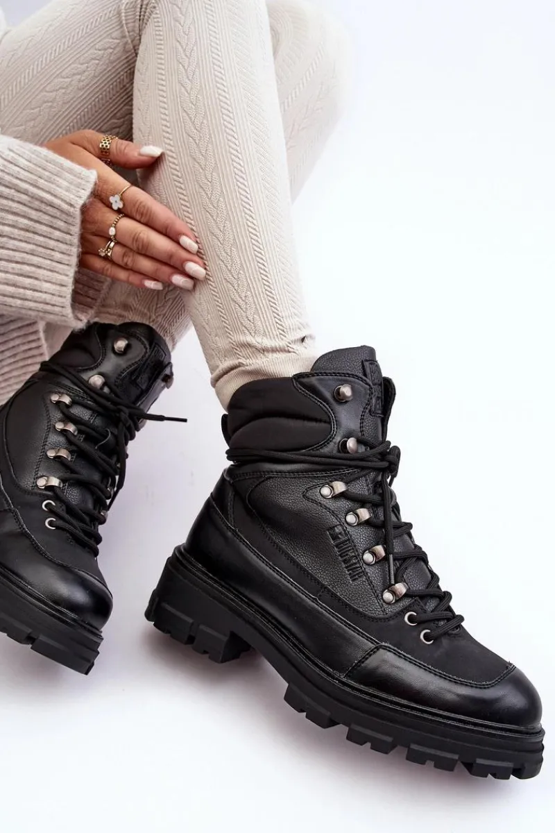 Sale Big Star Shoes Ocieplane Trapery Botki Sznurowane Damskie Czarne Big Star MM274663