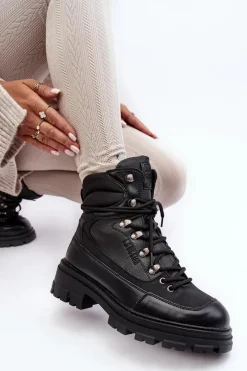 Sale Big Star Shoes Ocieplane Trapery Botki Sznurowane Damskie Czarne Big Star MM274663