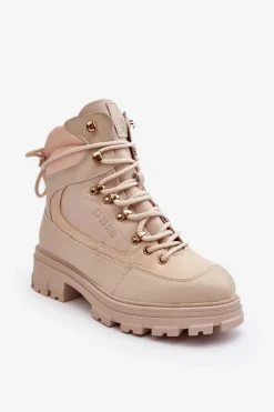 Damskie Trapery|Botki Sznurowane>Big Star Shoes Ocieplane Trapery Botki Sznurowane Damskie Jasnobeżowe Big Star MM274664