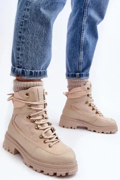 Damskie Trapery|Botki Sznurowane>Big Star Shoes Ocieplane Trapery Botki Sznurowane Damskie Jasnobeżowe Big Star MM274664