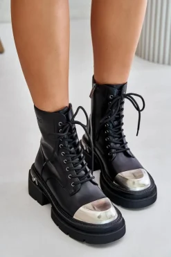 Discount Ocieplane Workery Botki Damskie Ze Skóry Naturalnej OO2N4119 Czarne Damskie Czarne Botki|Botki Zimowe Damskie