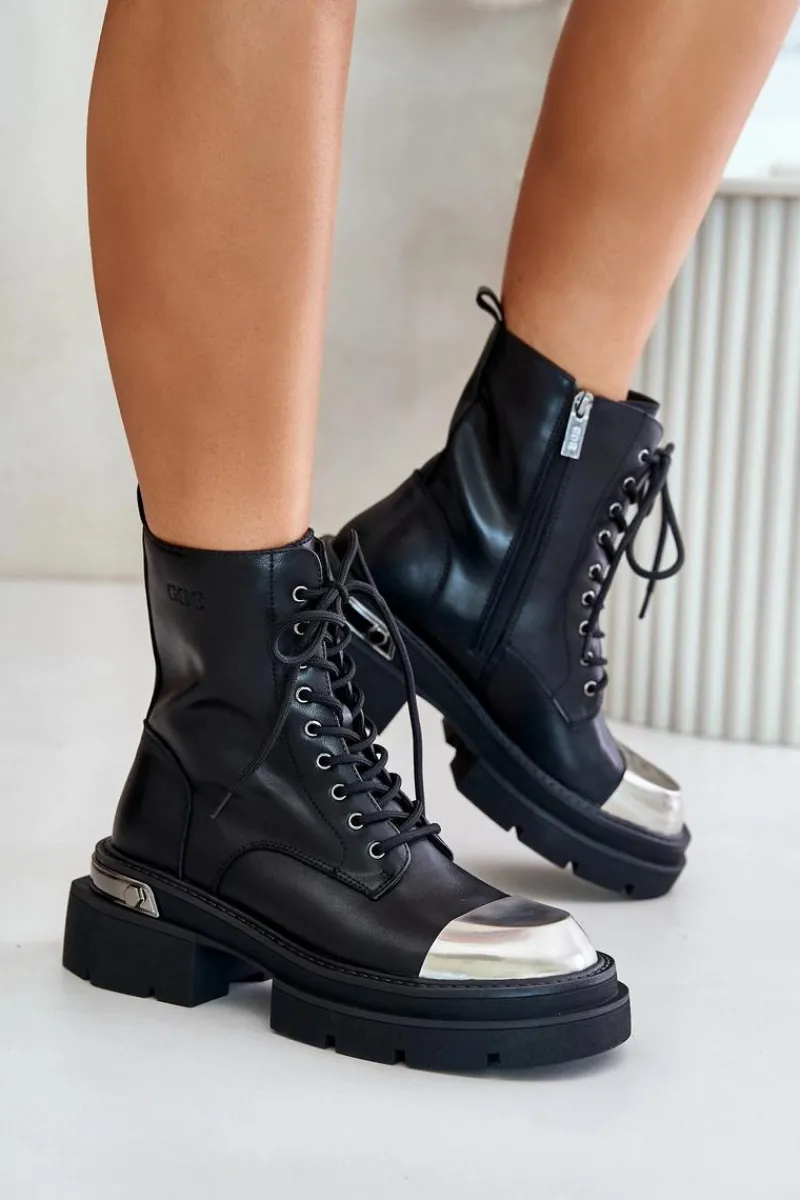 Discount Ocieplane Workery Botki Damskie Ze Skóry Naturalnej OO2N4119 Czarne Damskie Czarne Botki|Botki Zimowe Damskie