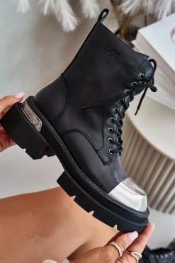 Discount Ocieplane Workery Botki Damskie Ze Skóry Naturalnej OO2N4119 Czarne Damskie Czarne Botki|Botki Zimowe Damskie