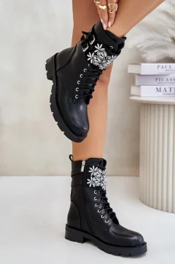 Outlet Boto Ocieplane Workery Botki Z Ozdobnym Paskiem I Klamrami Czarne Viveria