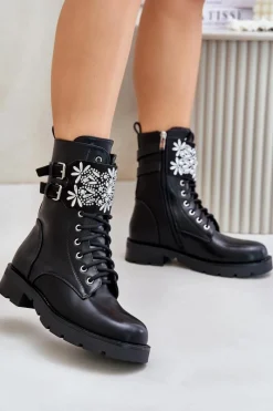 Outlet Boto Ocieplane Workery Botki Z Ozdobnym Paskiem I Klamrami Czarne Viveria