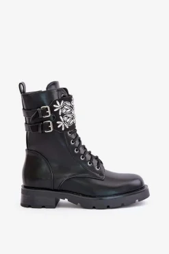 Outlet Boto Ocieplane Workery Botki Z Ozdobnym Paskiem I Klamrami Czarne Viveria