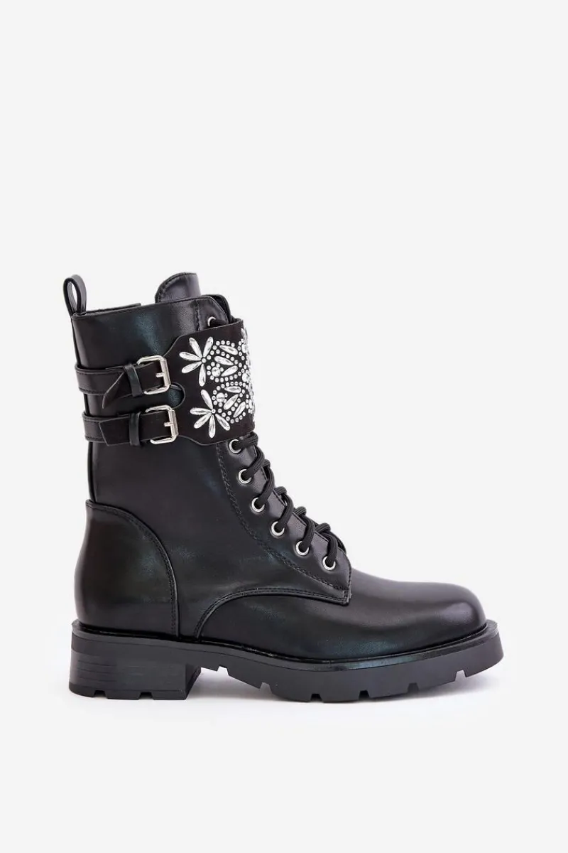 Outlet Boto Ocieplane Workery Botki Z Ozdobnym Paskiem I Klamrami Czarne Viveria