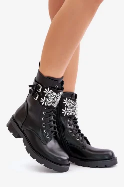 Outlet Boto Ocieplane Workery Botki Z Ozdobnym Paskiem I Klamrami Czarne Viveria