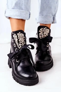 Hot Ocieplane Workery Z Metalowymi Perełkami Czarne Perla Damskie Botki Sznurowane|Czarne Botki