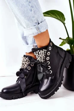 Hot Ocieplane Workery Z Metalowymi Perełkami Czarne Perla Damskie Botki Sznurowane|Czarne Botki