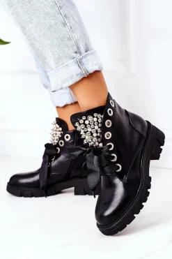 Hot Ocieplane Workery Z Metalowymi Perełkami Czarne Perla Damskie Botki Sznurowane|Czarne Botki