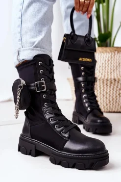 Clearance Ocieplane Workery Z Nerką Czarne Look At Me Damskie Botki Sznurowane|Czarne Botki