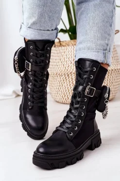 Clearance Ocieplane Workery Z Nerką Czarne Look At Me Damskie Botki Sznurowane|Czarne Botki