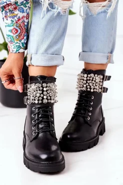 Ocieplane Workery Z Perełkami Czarne Now Or Never Damskie Botki Sznurowane|Czarne Botki