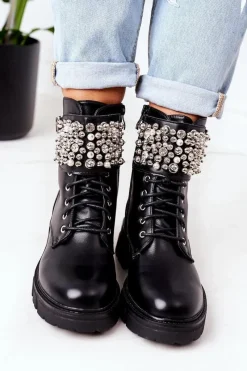Ocieplane Workery Z Perełkami Czarne Now Or Never Damskie Botki Sznurowane|Czarne Botki