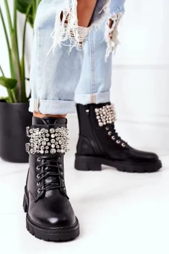Ocieplane Workery Z Perełkami Czarne Now Or Never Damskie Botki Sznurowane|Czarne Botki