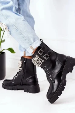 Ocieplane Workery Z Perełkami Czarne Now Or Never Damskie Botki Sznurowane|Czarne Botki