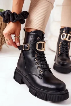 Sale Ocieplane Workery Ze Złotą Klamrą Czarne Maybelle Damskie Botki Sznurowane|Czarne Botki