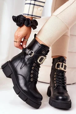 Sale Ocieplane Workery Ze Złotą Klamrą Czarne Maybelle Damskie Botki Sznurowane|Czarne Botki
