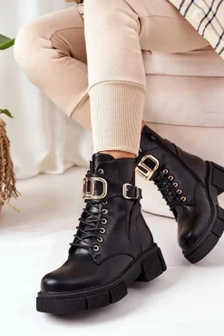 Sale Ocieplane Workery Ze Złotą Klamrą Czarne Maybelle Damskie Botki Sznurowane|Czarne Botki