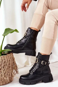 Sale Ocieplane Workery Ze Złotą Klamrą Czarne Maybelle Damskie Botki Sznurowane|Czarne Botki