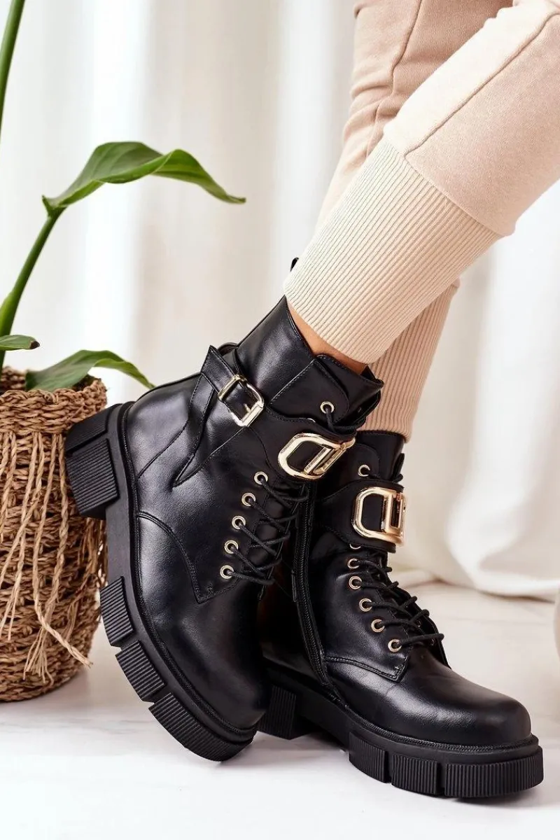 Sale Ocieplane Workery Ze Złotą Klamrą Czarne Maybelle Damskie Botki Sznurowane|Czarne Botki