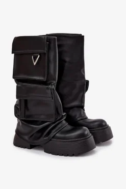 Kozaki Ocieplane|Kozaki Płaskie>Boto Ocieplane Wsuwane Kozaki Damskie Na Masywnej Platformie Z Kieszeniami Czarne Clarinda