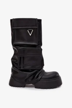 Kozaki Ocieplane|Kozaki Płaskie></noscript>Boto Ocieplane Wsuwane Kozaki Damskie Na Masywnej Platformie Z Kieszeniami Czarne Clarinda