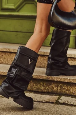 Kozaki Ocieplane|Kozaki Płaskie></noscript>Boto Ocieplane Wsuwane Kozaki Damskie Na Masywnej Platformie Z Kieszeniami Czarne Clarinda