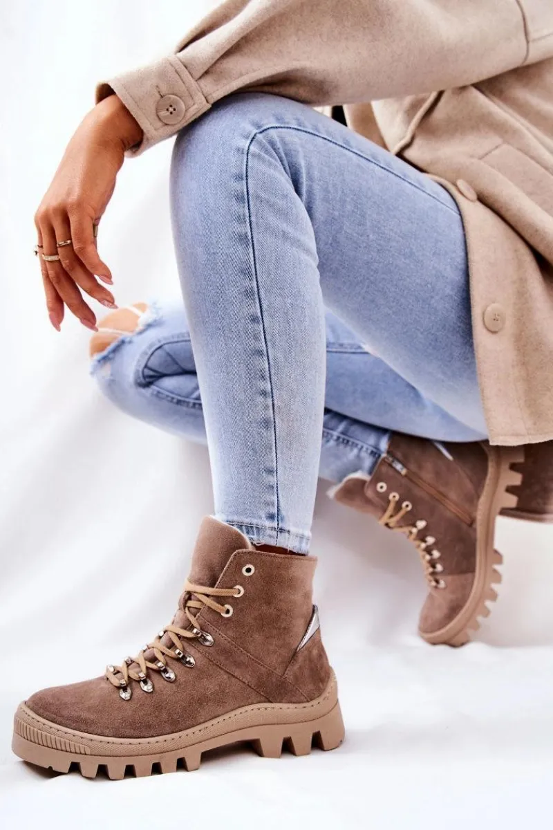 Botki Sznurowane|Botki Zimowe Damskie>Boto Ocieplane Zamszowe Botki Piasek Sandstorm