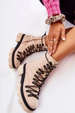 New Boto Ocieplane Zamszowe Botki Workery Wiązane Beżowe Pierro