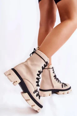 New Boto Ocieplane Zamszowe Botki Workery Wiązane Beżowe Pierro