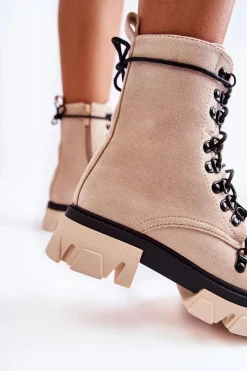 New Boto Ocieplane Zamszowe Botki Workery Wiązane Beżowe Pierro