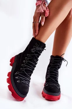 Sale Ocieplane Zamszowe Botki Workery Wiązane Czarno-Czerwone Pierro Damskie Damskie Trapery|Botki Sznurowane