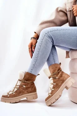 Sale Ocieplane Zamszowe Botki Trapery Beżowe Mindago Damskie Damskie Trapery|Botki Sznurowane