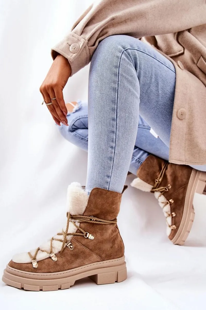 Sale Ocieplane Zamszowe Botki Trapery Beżowe Mindago Damskie Damskie Trapery|Botki Sznurowane