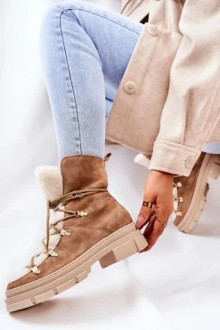 Sale Ocieplane Zamszowe Botki Trapery Beżowe Mindago Damskie Damskie Trapery|Botki Sznurowane