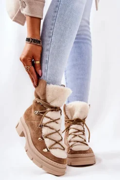 Sale Ocieplane Zamszowe Botki Trapery Beżowe Mindago Damskie Damskie Trapery|Botki Sznurowane