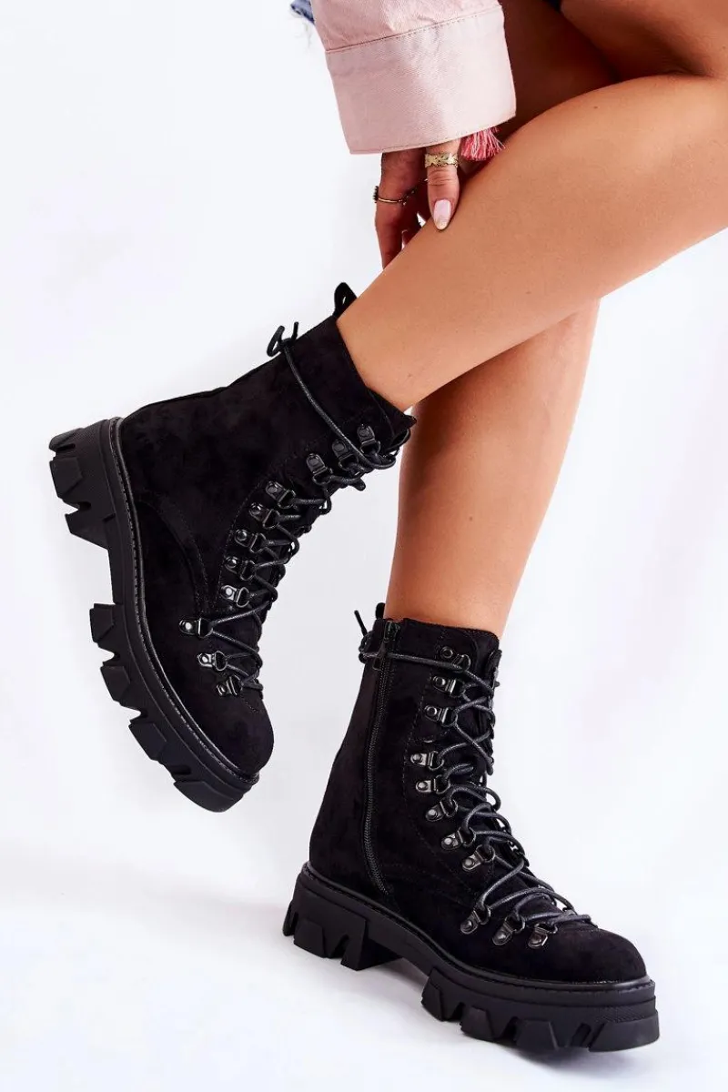 New Boto Ocieplane Zamszowe Botki Workery Wiązane Czarne Pierro Czarny