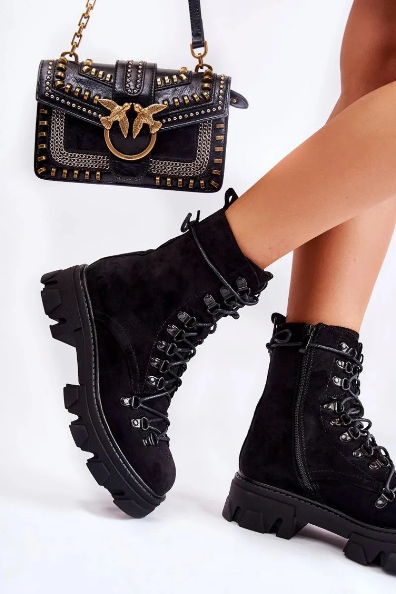 New Boto Ocieplane Zamszowe Botki Workery Wiązane Czarne Pierro Czarny