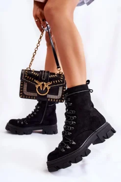 New Boto Ocieplane Zamszowe Botki Workery Wiązane Czarne Pierro Czarny